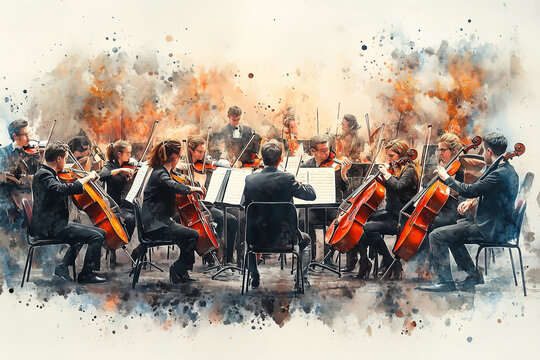 Watercolor painting of orchestra performing on stage.