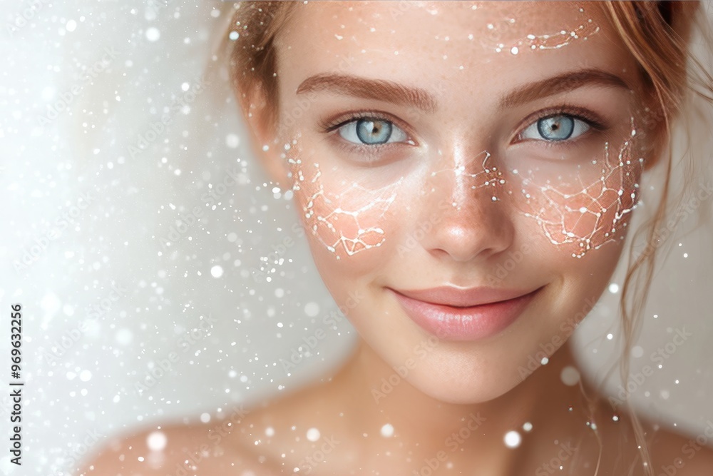 Poster neuralpathway quantumfield supernova datalink and reflection woman with glowing freckles and abstrac