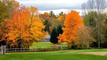 Obraz premium Colorful Autumn Landscape with a Farmhouse in the Background.