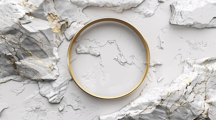 3D render: abstract white background with golden ring, round frame integrated into chalk rock stone, aesthetic minimalist wallpaper