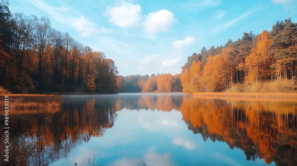 Sticker Tranquil Autumn Forest Reflections in a Calm Lake.