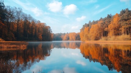 Obraz premium Tranquil Autumn Forest Reflections in a Calm Lake.