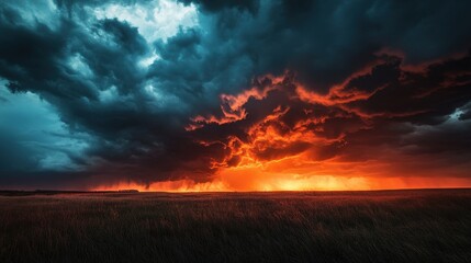 The sky is filled with swirling dark clouds, illuminated by a fiery glow on the horizon as a storm brews over vast open fields in the late evening light