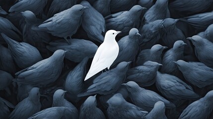 White bird amidst gray birds, emphasizing the concept of standing out from the crowd and embracing onea uniqueness in a minimalist scene