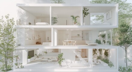 Fototapeta premium Minimalist house interior design with white walls and greenery.