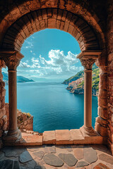 Fototapeta premium View from the stone arch windows of the ancient monastery overlooking the sea and cliffs.