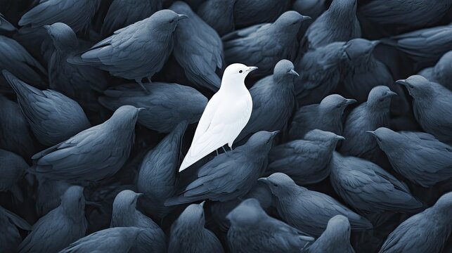 White bird amidst gray birds, emphasizing the concept of standing out from the crowd and embracing onea uniqueness in a minimalist scene