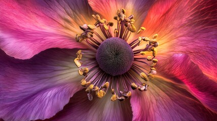 Obraz premium Anemone Flower Macro - Vivid Pink and Yellow Petals and Stamens.