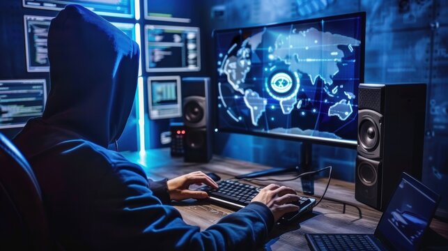 A hacker man in a hoodie typing on a computer keyboard in front of a monitor that shows a map of the world