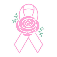A pink ribbon with a rose in the center, representing breast cancer awareness