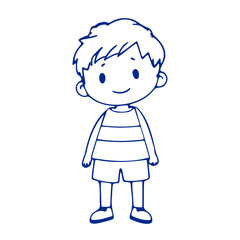 A young boy with short hair wearing a striped shirt and shorts, standing in a simple background
