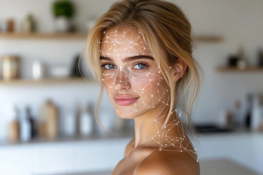 Synapse quantumlink expansion deepweb and blueprint young woman with delicate glowing freckles illuminated by soft morning light in a cozy kitchen
