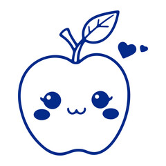 A cute blue apple with a smiling face, a leaf, and small hearts