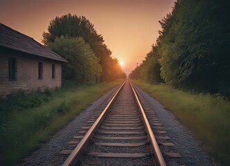 Obraz premium A beautiful train is traveling down its train tracks as the sun sets