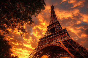 A stunning view of the Eiffel Tower against a vibrant sunset sky.