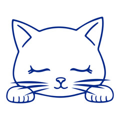 A blue outline of a sleeping cat with closed eyes and paws visible