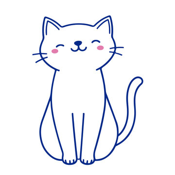 recommend clip art: A cute white cat with blue outline, sitting and smiling