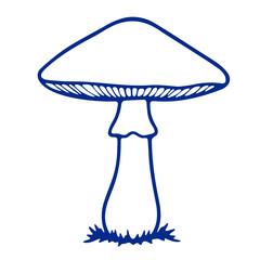 A blue mushroom with a spotted cap and a long stem