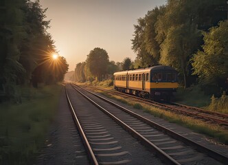 Obraz premium A beautiful train is traveling down its train tracks as the sun sets