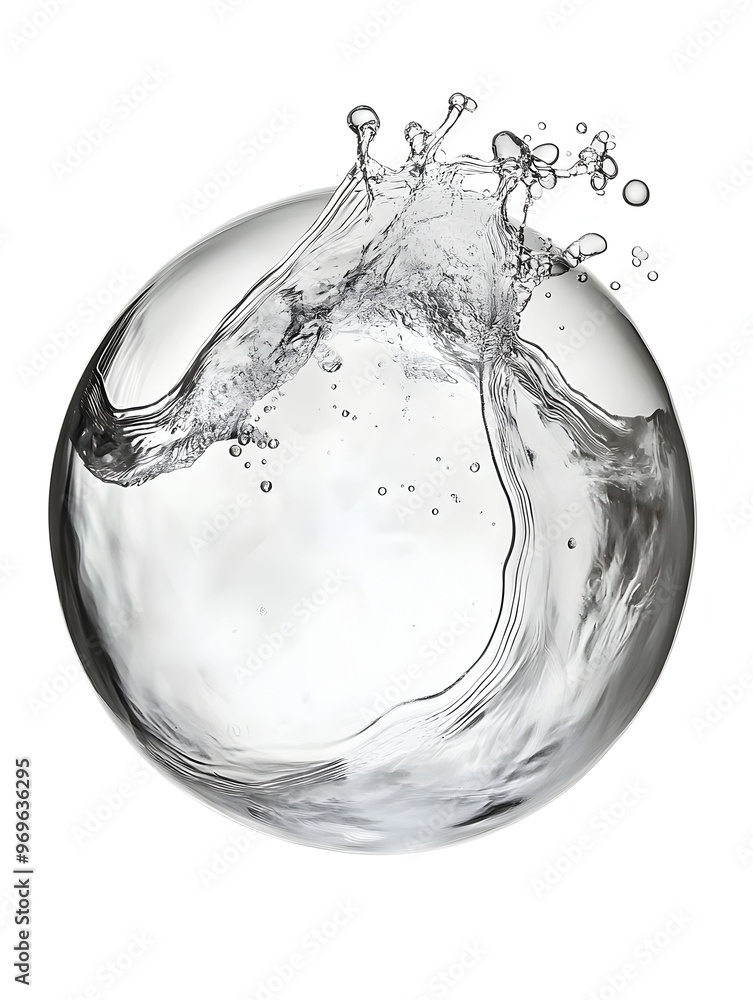 Poster dramatic water splash creating a mesmerizing abstract composition in a transparent glass sphere with