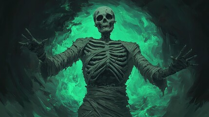 Fototapeta premium A captivating skeletal figure surrounded by an eerie green glow, perfect for Halloween or spooky themes.