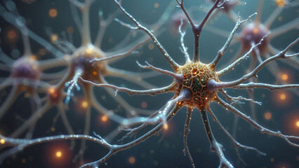 Artificial Intelligence concept. Abstract glittery neurons with electron microscope aspect communicating each other with light signals . Blurry depth of field background