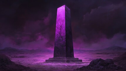 A mysterious purple obelisk illuminated against a dark, surreal landscape, exuding an aura of enigma and ancient power.