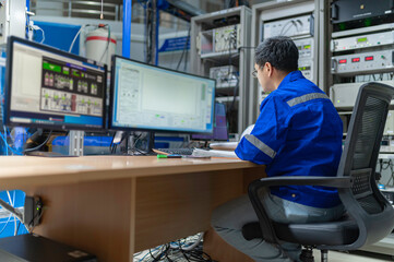 Engineer working at control room In large industrial plants,Manager control system,Technician man monitoring program from a lot of monitor,Concept Industry