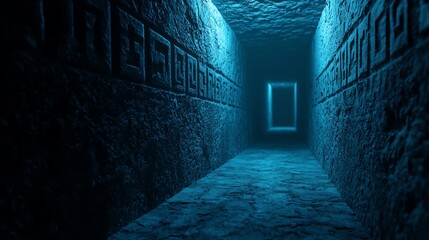 Obraz premium An intriguing ancient tunnel with mystical lighting, leading to an enigmatic doorway, perfect for fantasy or adventure themes.