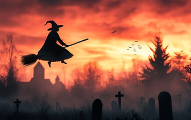 A witch flying over a graveyard during a haunting sunset, capturing the essence of mystery and Halloween spirit.