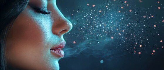 Obraz premium Elegant portrait of a woman exhaling sparkles with an ethereal glow, set against a dark, mystical background.