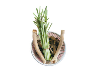 A Top View of a Plastic Basket Containing Fresh Lemongrass, finger roots, and Thai herb branch.  Isolated on White Background with Clipping Path or Selection Path.