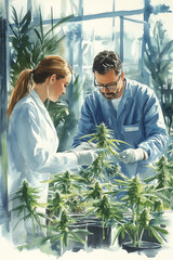 Obraz premium Watercolor painting of male and female researchers examining marijuana plants in a greenhouse.