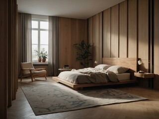 Minimalist bedroom with a wooden bed and beige walls.