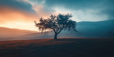 Obraz premium A lone tree stands in a vast field, bathed in colorful twilight, symbolizing solitude and the beauty of nature.