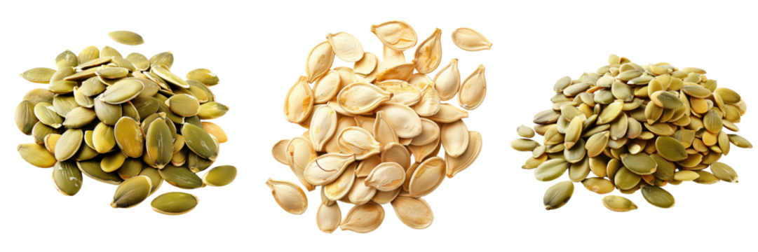 set of organic pumpkin seeds isolated on a transparent background