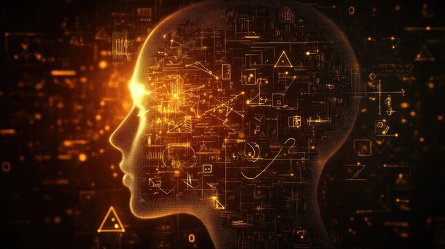Silhouette of a human head filled with glowing mathematical symbols, including equations, numbers, and geometric shapes. - Powered by Adobe
