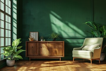 Fototapeta premium A modern room with minimalist green furniture, including an armchair and cabinet, features soft lighting and a warm ambiance.
