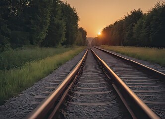 Obraz premium A beautiful train is traveling down its train tracks as the sun sets