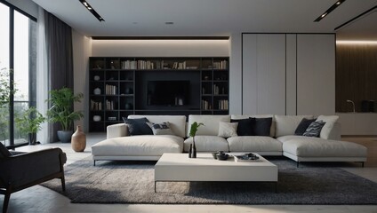 Modern living room with a white sofa and TV.