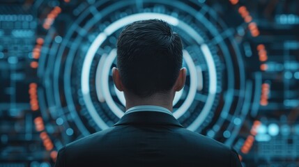 Back view of a man in a suit standing in front of a large, futuristic digital interface displaying data visualizations and advanced technology in a high-tech environment.