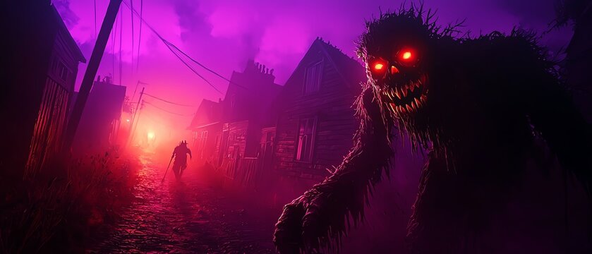 A mysterious creature lurks in the fog, illuminated by eerie purple lights in an abandoned village, creating a haunting atmosphere.