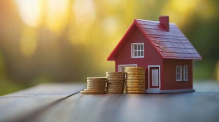Stack of coins growing taller next to a small model house, representing real estate investment and savings growth.