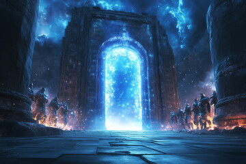 Obraz premium Rendering a group of warriors entering a portal, a teleportation portal from another world, with a blue light warp.