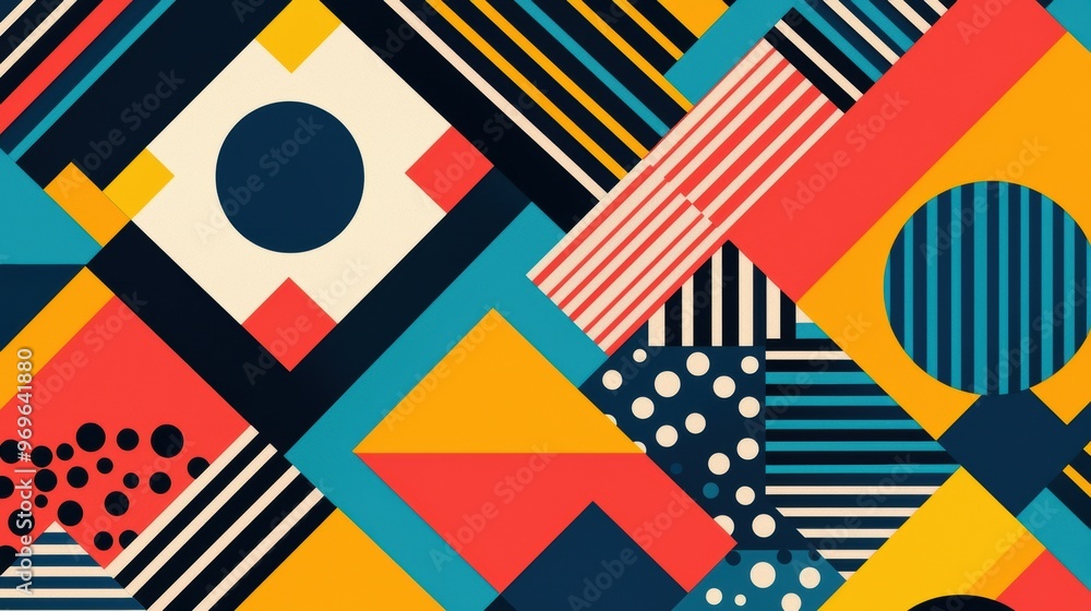 Poster geometric abstract design with stripes, circles, and bold shapes arranged in a playful pattern. the 