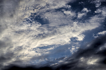 Evening sky, clouds, dark blue, large clouds, twilight, evening, night, moody sky