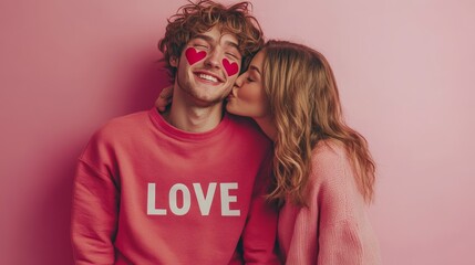 Couple celebrating love with hearts and joyful affection on a pink background
