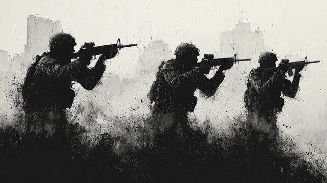 Three soldiers in camouflage gear aiming their rifles in a city setting.