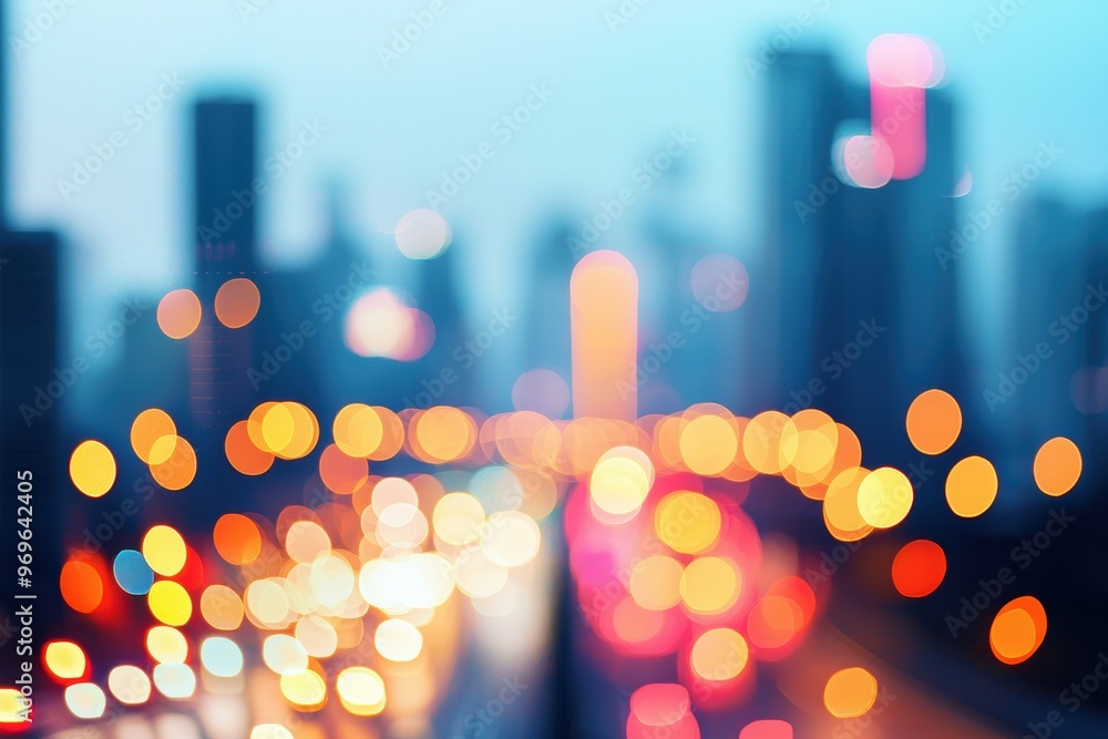 Poster bokeh lights of a city skyline captured at dusk, featuring warm and cool tones of illumination. the 