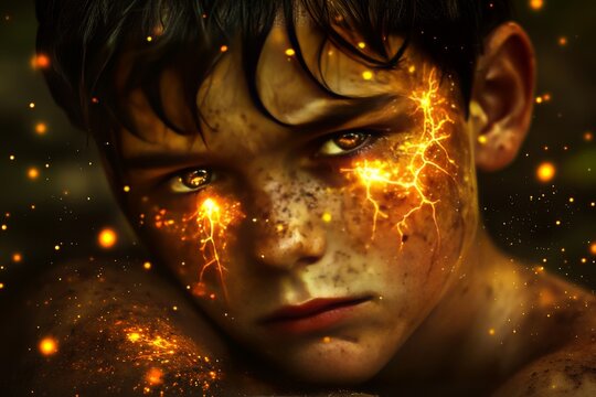 Neurogenesis neurotrophic factors quantum foam particle physics and morphogenesis young boy with glowing embers surrounding his face in a dramatic and dark setting